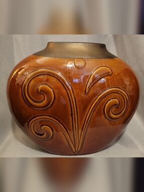 Glossy Brown Ceramic Vase with Embossed Scroll Detail